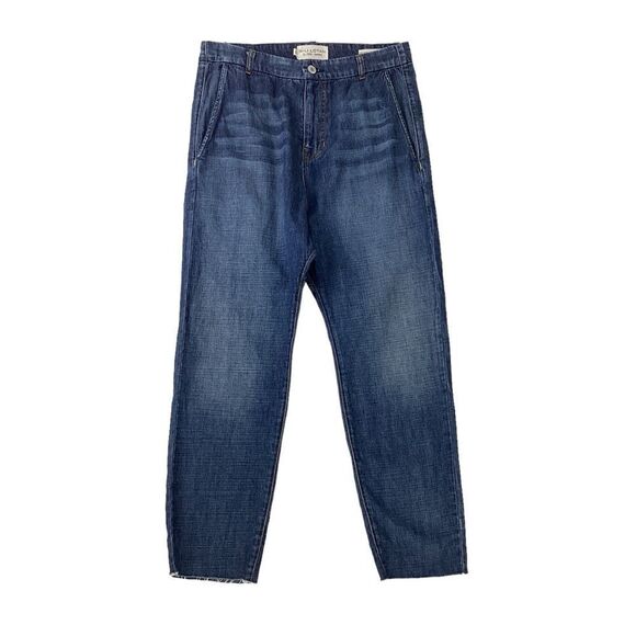 NILI LOTAN Size 25 Paris Crop Drop Crotch Jeans Tapered Leg Blue Denim Raw Edge - Picture 2 of 14